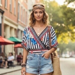 Flying Tomato Bohemian Crop Top Striped & Floral Shirt Oversized Fit MEDIUM
